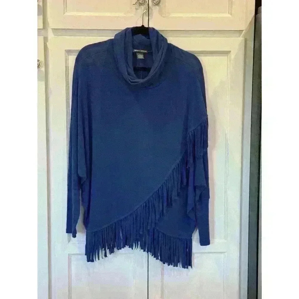 Chelsea & Theodore Womens Cowl Neck Long Sleeve Sweater Poncho Like Fringe Sz M
